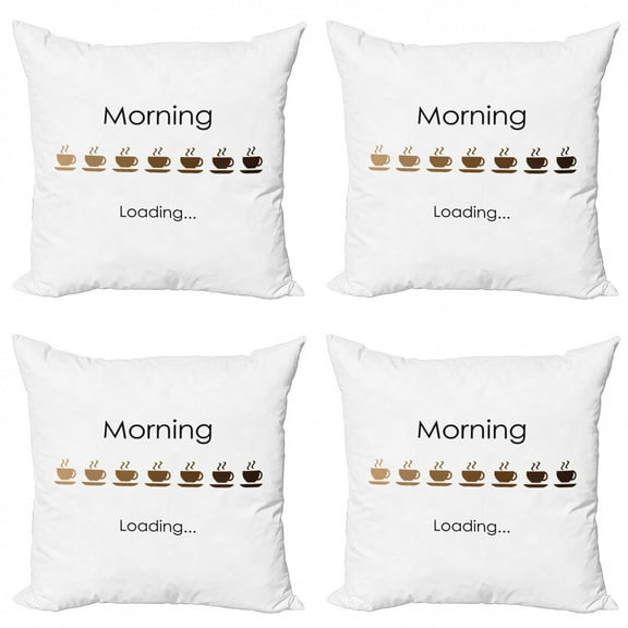 Ambesonne Funny Throw Pillow Cover 4 Pack, Morning Loading Coffee Cups, 16", Multicolor
