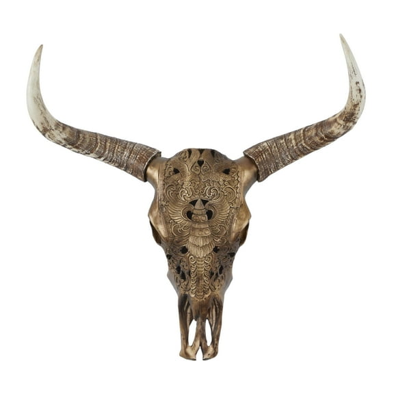 DecMode Bronze Polystone Carved Skull Cow Wall Decor