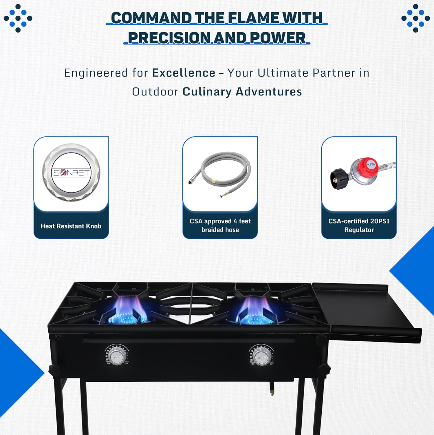 SONRET - Double Burner Propane Gas Stove - with Detachable Legs and Side & Bottom Shelf