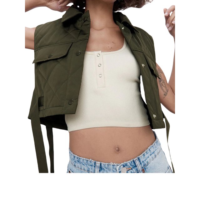 VISgogo Chaleco con cuello vuelto para mujer, tops cortos sin mangas de color liso con botones, verde militar/negro/marrón/rojo vino VISgogo moda