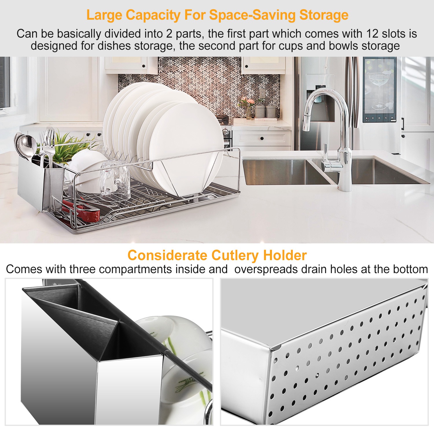 5.12in Tall Stainless Steel Dish Drying Rack ,Cutlery Organizer Drainboard Holder