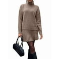 thumbnail image 3 of Womens Sweater Skirt Sets 2 Piece Outfits Ribbed Knit Mock Neck Sweater Pullovers A Line Mini Skirt Set Brown M, 3 of 8