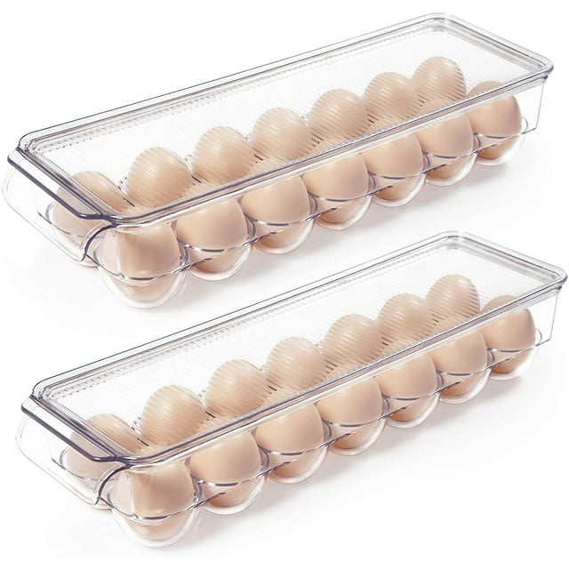 Organizador de huevos de plástico transparente para refrigerador, paquete de 2, con tapas, bandeja apilable para 14 huevos, solución perfecta para almacenar en el refrigerador