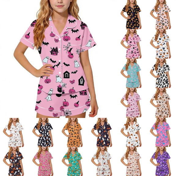 XUNKUSGA Halloween Pajamas Set for Girls Cute Pumpkin Print 2 Piece Pjs Set for Kids Lightweight Casual Loose Short Sleeve Button Down Sleepwear Sets 5-6 Years