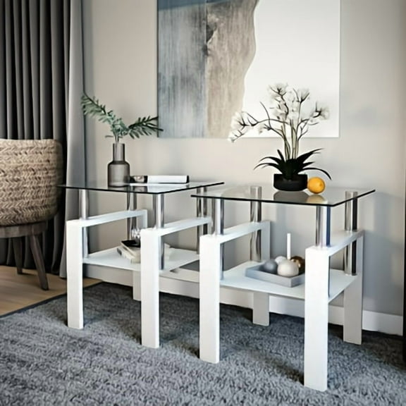 Set of 2, Modern Tempered Glass Tea Table Coffee Table End Table, Square Table for Living Room, Transparent/White