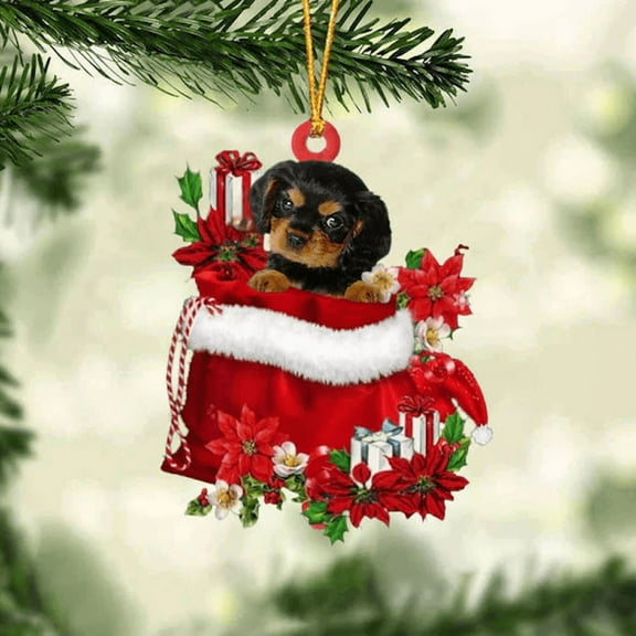 Acrylic 2D FLAT - Cavalier King Charles Spaniel In Gift Bag Christmas Ornament 85- Holiday Tree Decoration