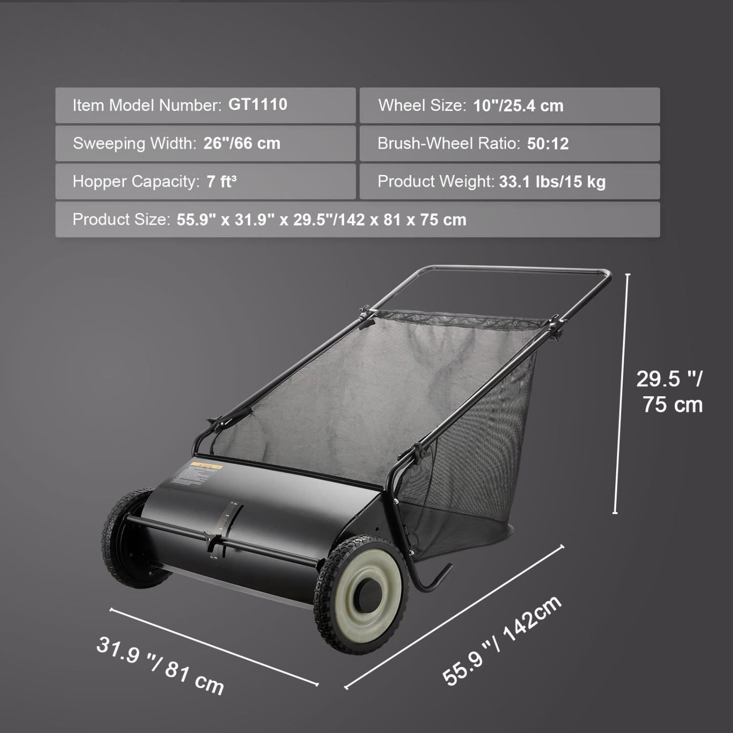 Push Lawn Sweeper 26 inch Leaf and Grass Collector Heavy Duty Steel Frame with 7 cu ft Large Capacity Mesh Hopper Bag