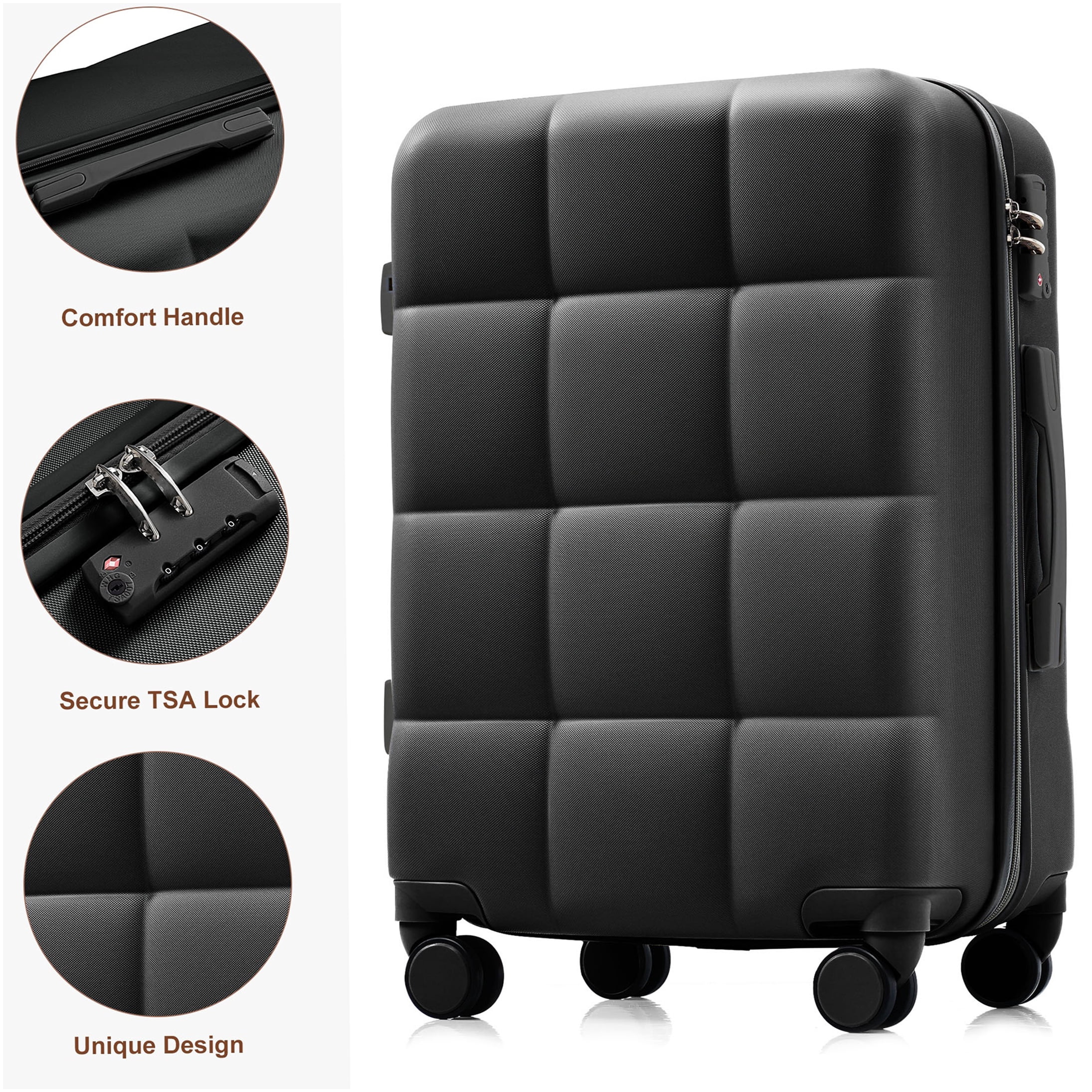 Black 3-Piece ABS Hard Shell Luggage Set with Cup Holder, 360° Spinner Wheels, Airline Approved Carry-On Suitcase