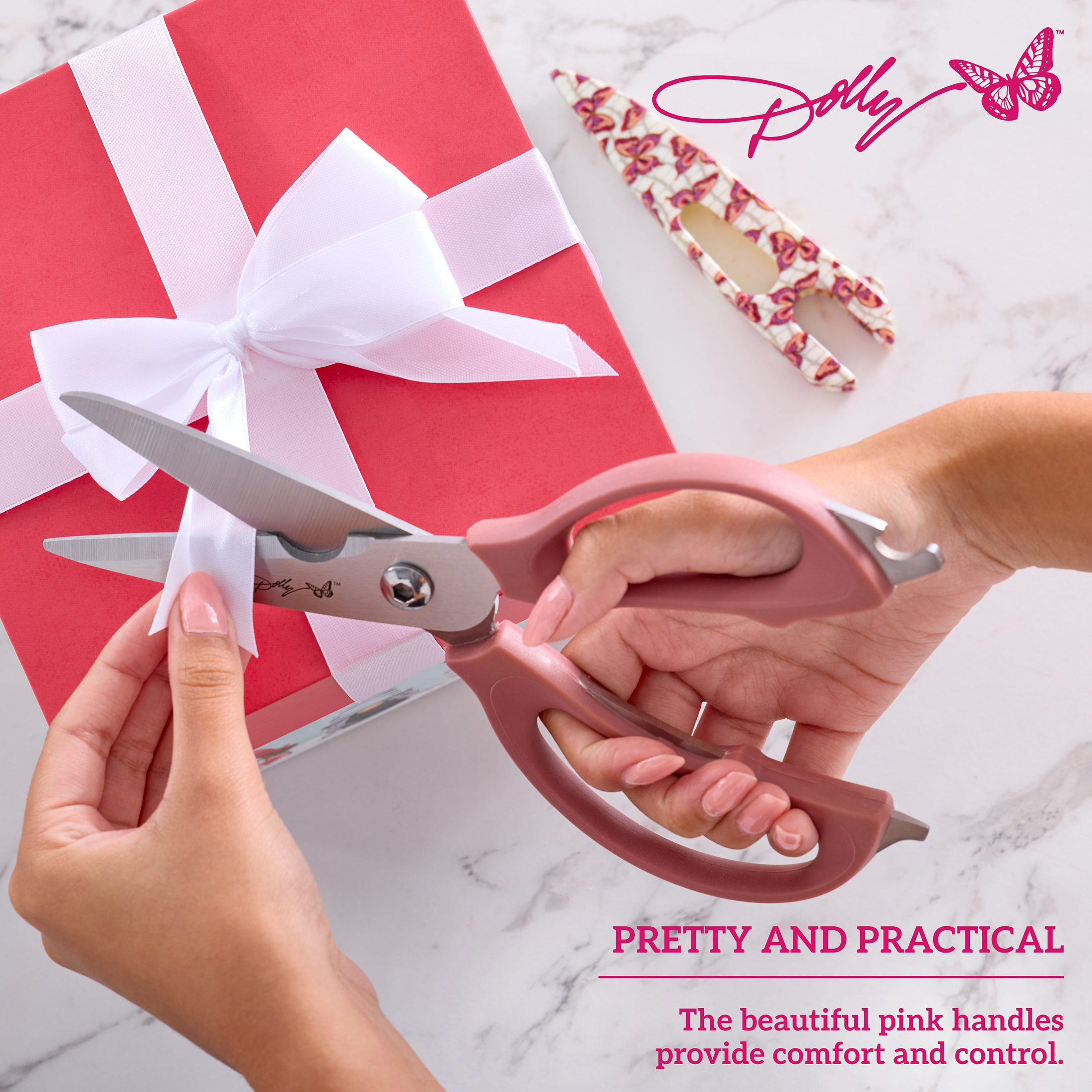 Dolly Parton 4-in-1 Kitchen Scissors with Pink Butterfly Pattern for Everyday Use