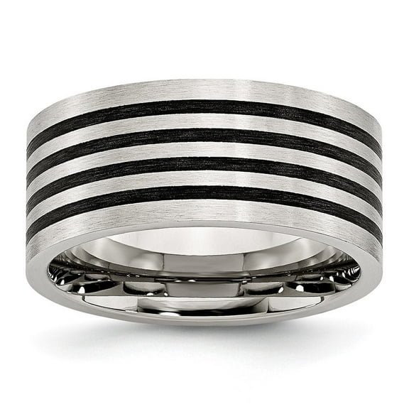 Auriga Fine Jewelry Stainless Steel Brushed w/Black Rubber Stripes 10 mm Flat Band for Men Size 10