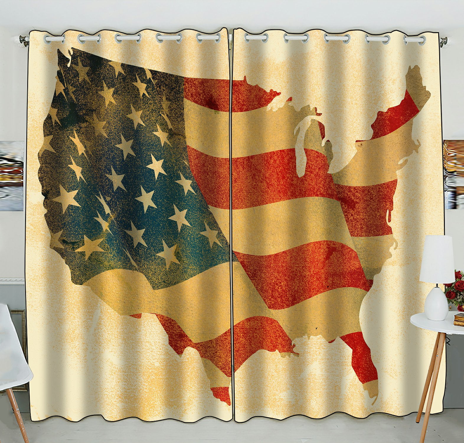 Phfzk Vintage Grunge Usa Map Window Curtain, American Flag ...