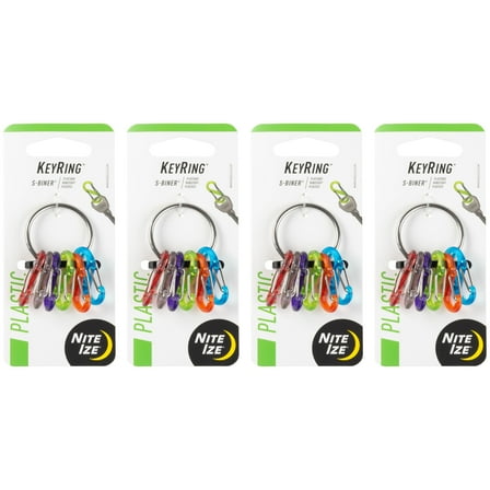Nite Ize KeyRing S-Biner - Key Holder Clip with Lightweight Carabiners - Key Organizer Accessories - Small Multicolor S-Biners & Stainless Steel Ring - 4 Pack