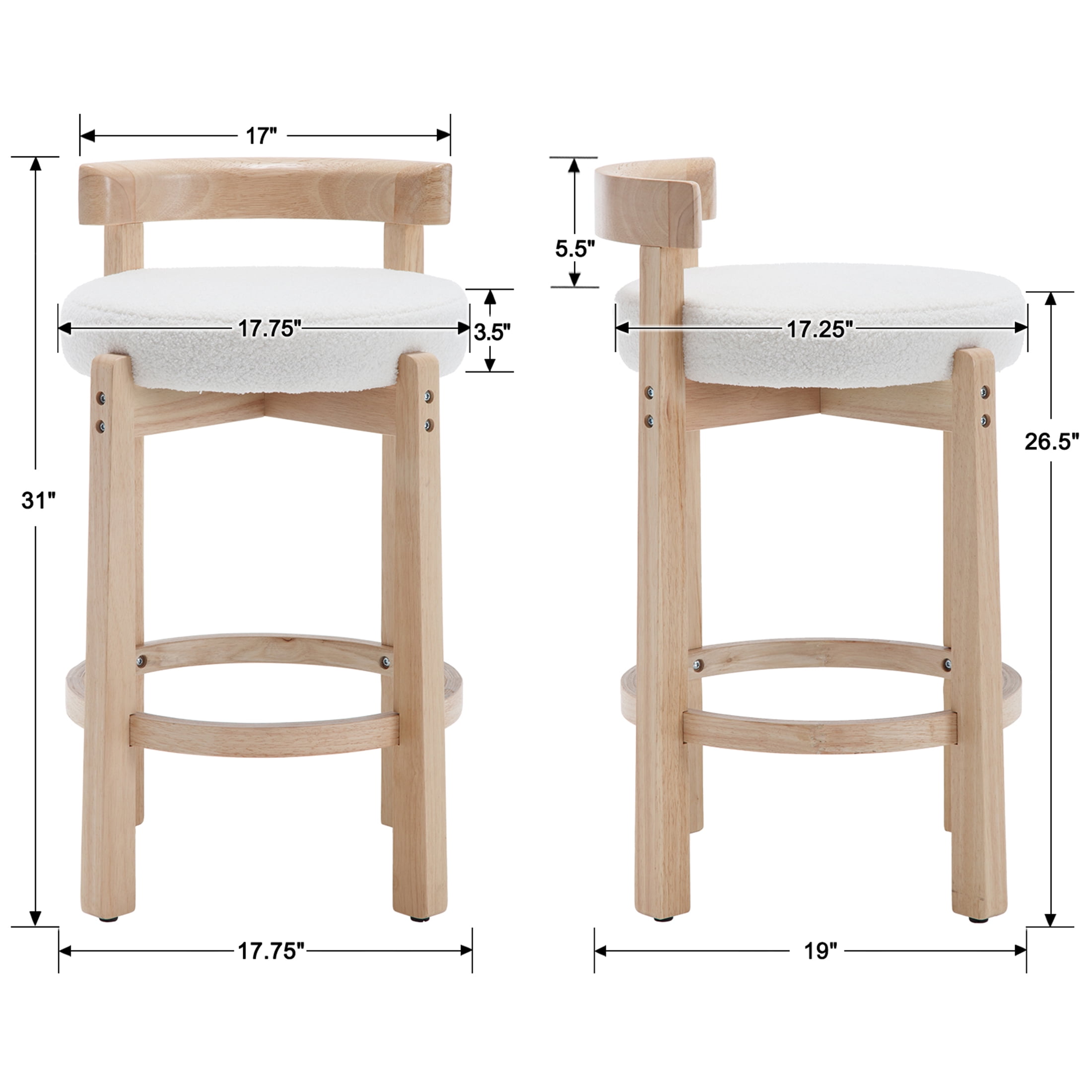 Guyou Counter Height Stools Set of 2, Mid Century Modern 27" Armless Island Bar Stools with Curved Back and Wooden Frame, Round Kitchen Stools with Footrest for Restaurant Bar Kitchen Island, White