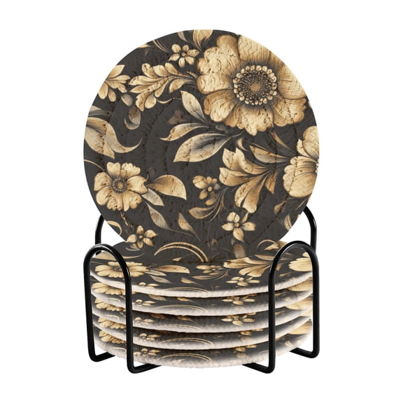 Gold Flowers and Leaves Coasters with Holder for Coffee Table 6 Pcs Drink Coaster Sets Absorbent for Home Decor 4 inch