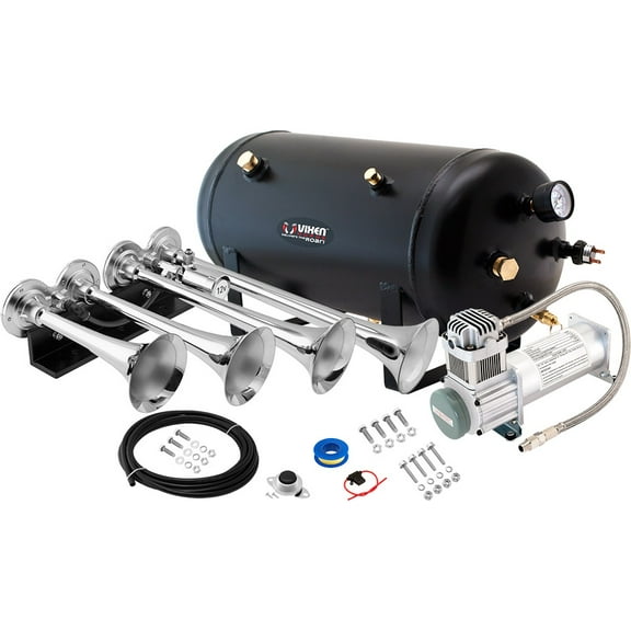 Vixen Horns Train Horn Kit for Trucks/Car/Semi. Complete Onboard System- 200psi Air Compressor, 5 Gallon Tank, 4 Trumpets. Super Loud dB. Fits Vehicles like Pickup/Jeep/RV/SUV 12v VXO8350/4124XC
