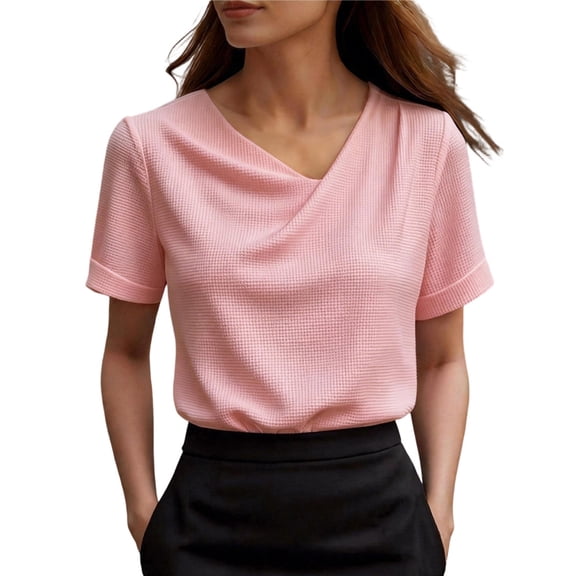 Staron Women Wrap V Neck Short Sleeve Casual Blouse Knit Top Pleated Solid Basic Trendy Slim Fit Office Tops, Pink L