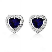 14k White Gold Halo Heart Blue Sapphire Stud Earrings Plated by Paris Jewelry