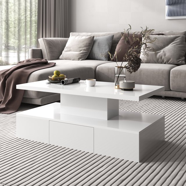 Modern high-gloss white coffee table – simple and versatile, with a hidden drawer