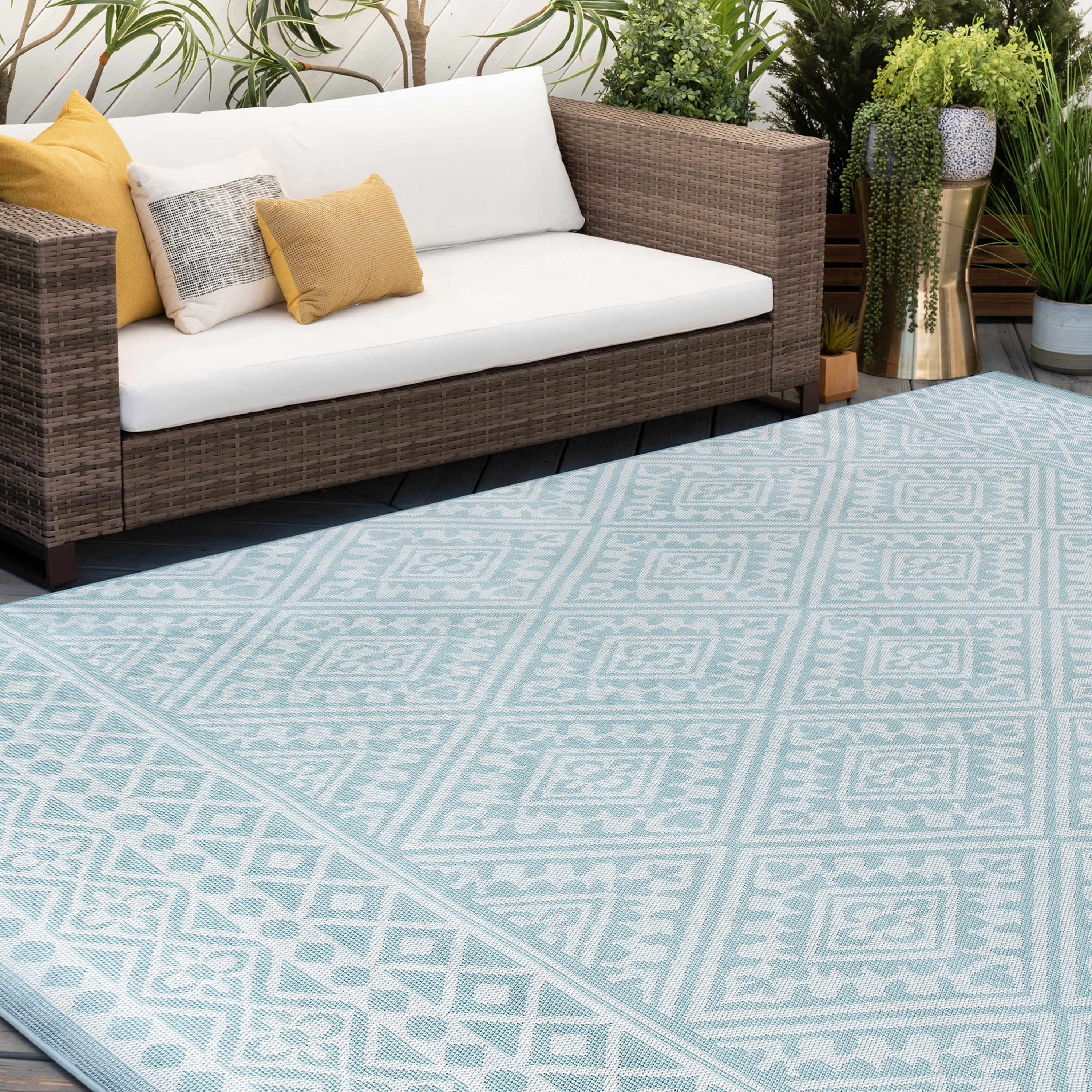 5x7 Water Resistant, Indoor Outdoor Rugs for Patios, Front Door Entry, Entryway, Deck, Porch, Balcony | Outside Area Rug for Patio | Aqua, Tribal | Size: 5' x 6'11''