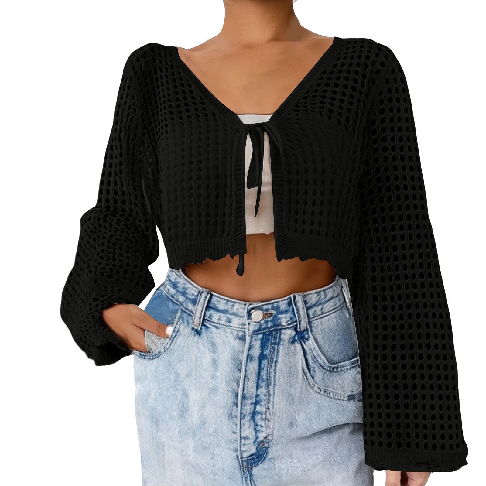 Shawhuaa Women's Lightweight Crochet Knit Cardigan With Lace Trim - Open Front Cover-Up For Beach, Spa, Or Summer