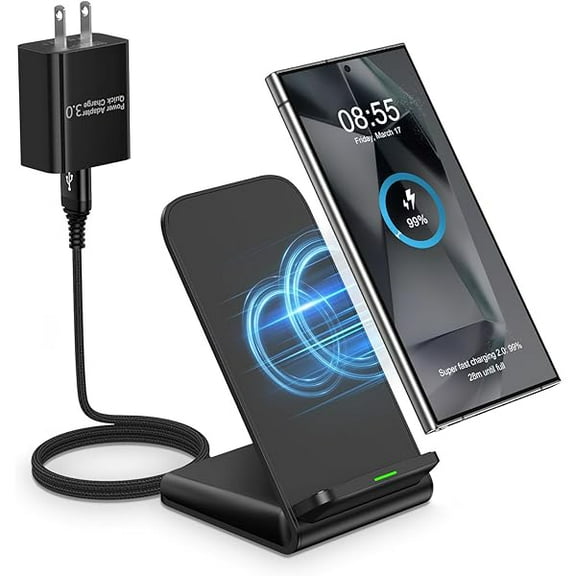 S25 Plus Fast Charger Wireless Samsung Charging Pad Charger Station Phone Stand Desk Charger Pad for Samsung Galaxy S25 Ultra S24 Plus S24FE S23FE S22 S21, Pixel 9 Pro, iPhone 16 Plus, 18W QC Adapter