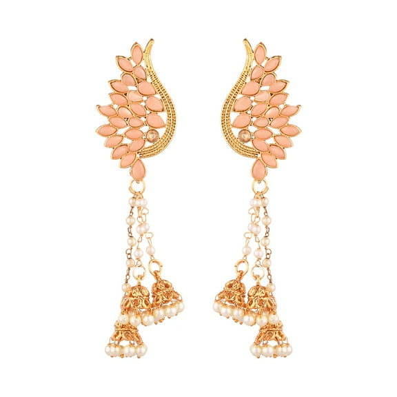 Efulgenz Indian Jewelry Bollywood Gold Tone Crystal Tassel Jhumki Leaf Dangle Earrings Set for Women, Peach Pink