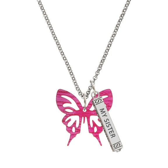 Delight Jewelry Acrylic Medium Cut Out Butterfly Magenta Silvertone Always My Sister Bar Charm Necklace, 23"
