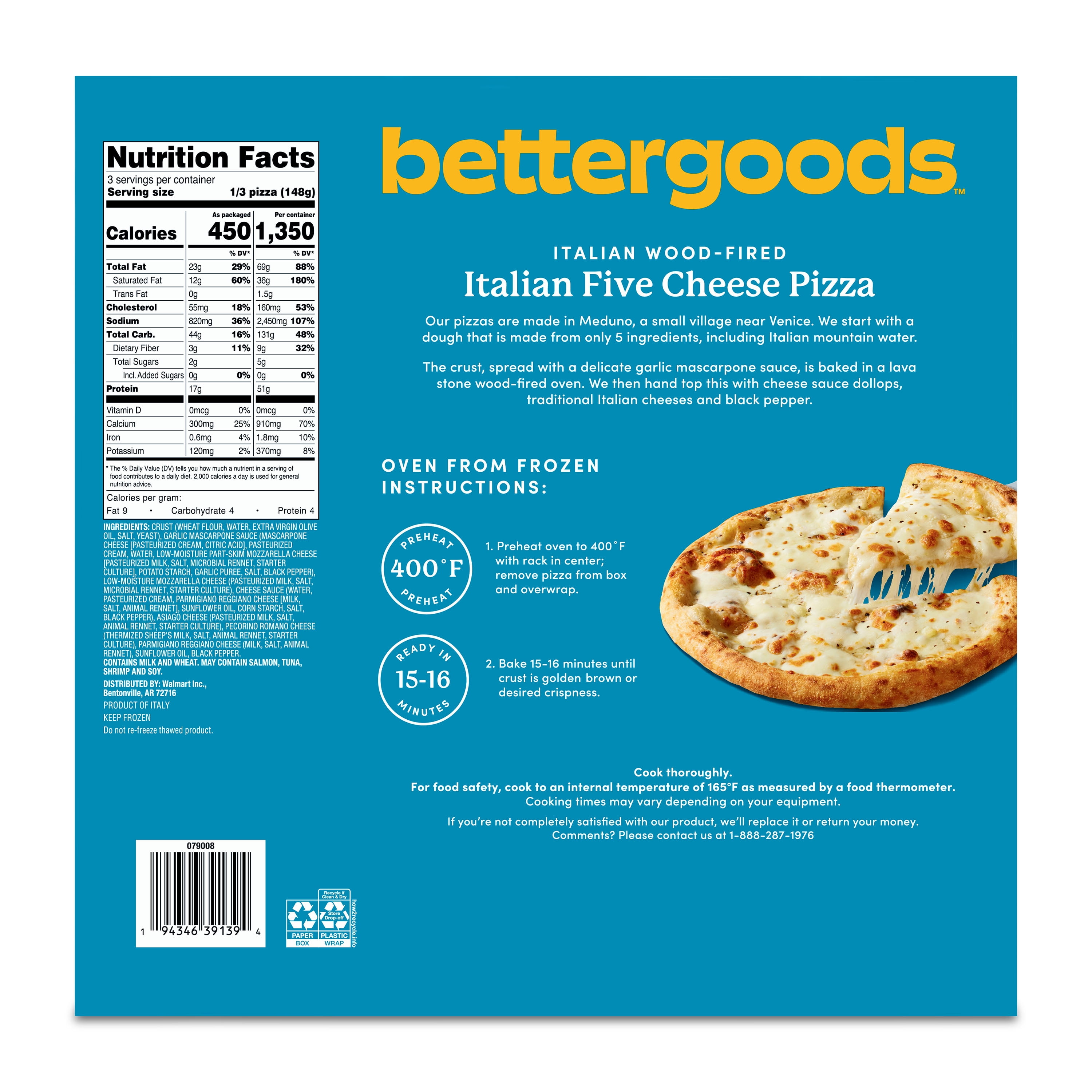 bettergoods Italian Wood-Fired Five Cheese Pizza, 15.6 oz (Frozen)