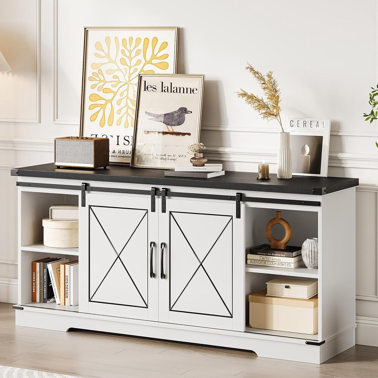 TROPOW Tv Stands for Living Room,Farmhouse TV Stand and Entertainment Center with Sliding Barn Doors and Storage Cabinets, Adjustable Shelf Media Console Storage Cabinet Living Room Furniture,White