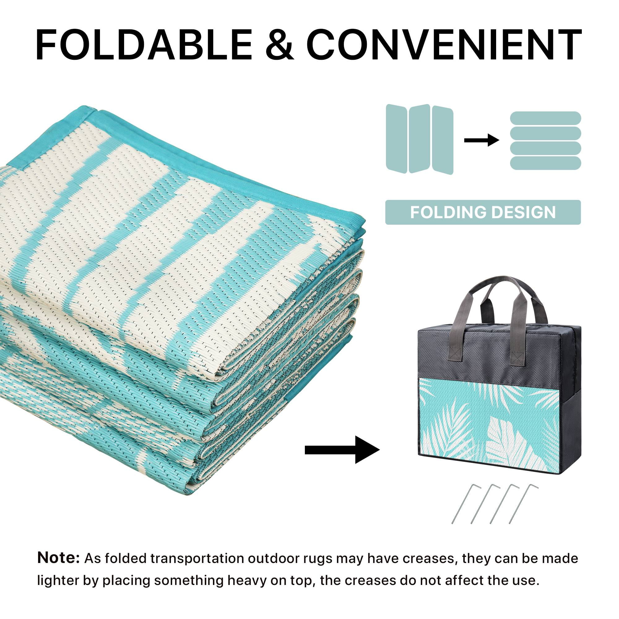 DEORAB Outdoor Rug 8'x10' Waterproof Reversible Patio Rug Portable Plastic Straw Outside Carprt for Beach Garden RV Camping Porch Deck Backyard, Aquablue & White