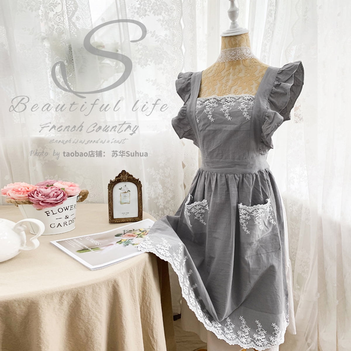 Vintage Cute Maid Ruffle Apron For Women Girls Apron Pinafore With Two Pockets, Kitchen Gift - grey