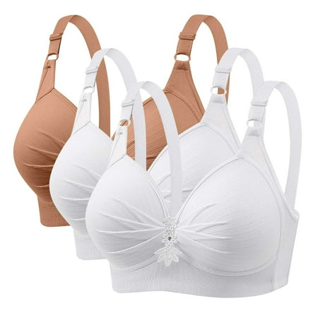 GERsome Women s Pack of 3 Push Up Bra Wireless Padded No Underwire Back Closure Bralettes Sports Bras Comfort Sleep Bra Full Coverage 3PC#2White/Khaki L