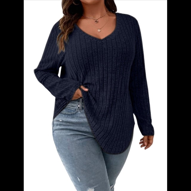 Suéter Informal de Punto con Cuello en V y Larga para Mujer, Talla Grande Azul Oscuro 4XL