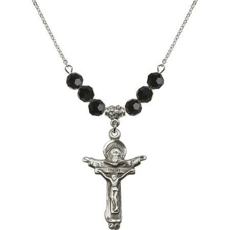 - 18-Inch Rhodium Plated Necklace with 6mm Jet Birth Month Stone Beads and Trinity Crucifix Charm