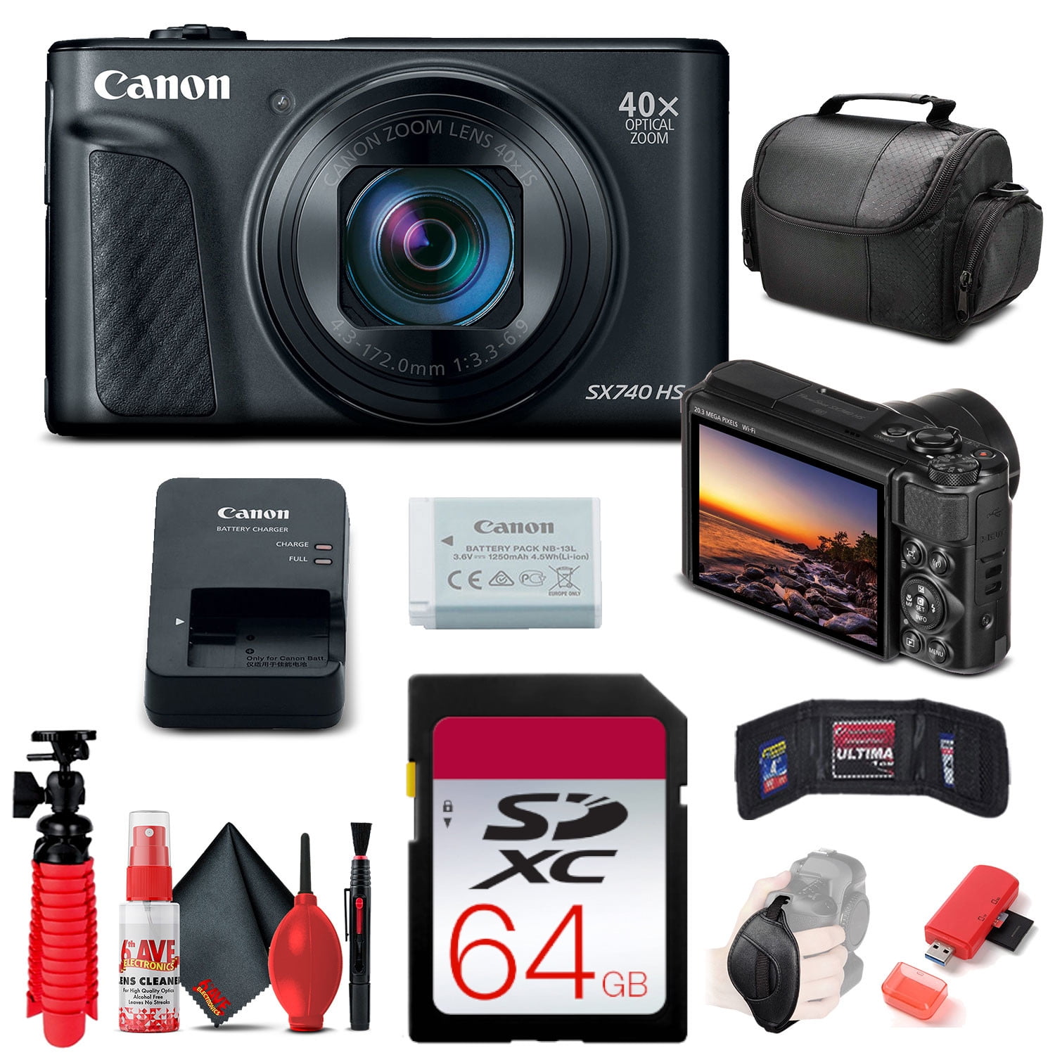 Canon PowerShot SX740 HS Digital Camera (Black) (2955C001) + 64GB