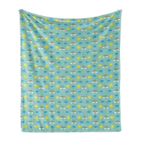 Rain Soft Flannel Fleece Throw Blanket, Graphic Composition of Rain Clouds Rainbow and Sun for Weathers and Seasons Theme, Cozy Plush for Indoor and Outdoor Use, 50" x 70", Multicolor, by Ambesonne