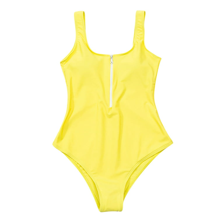 Womens Zipper Front One Piece Thong Swimsuit in Flourescent Giallo Ice Karma