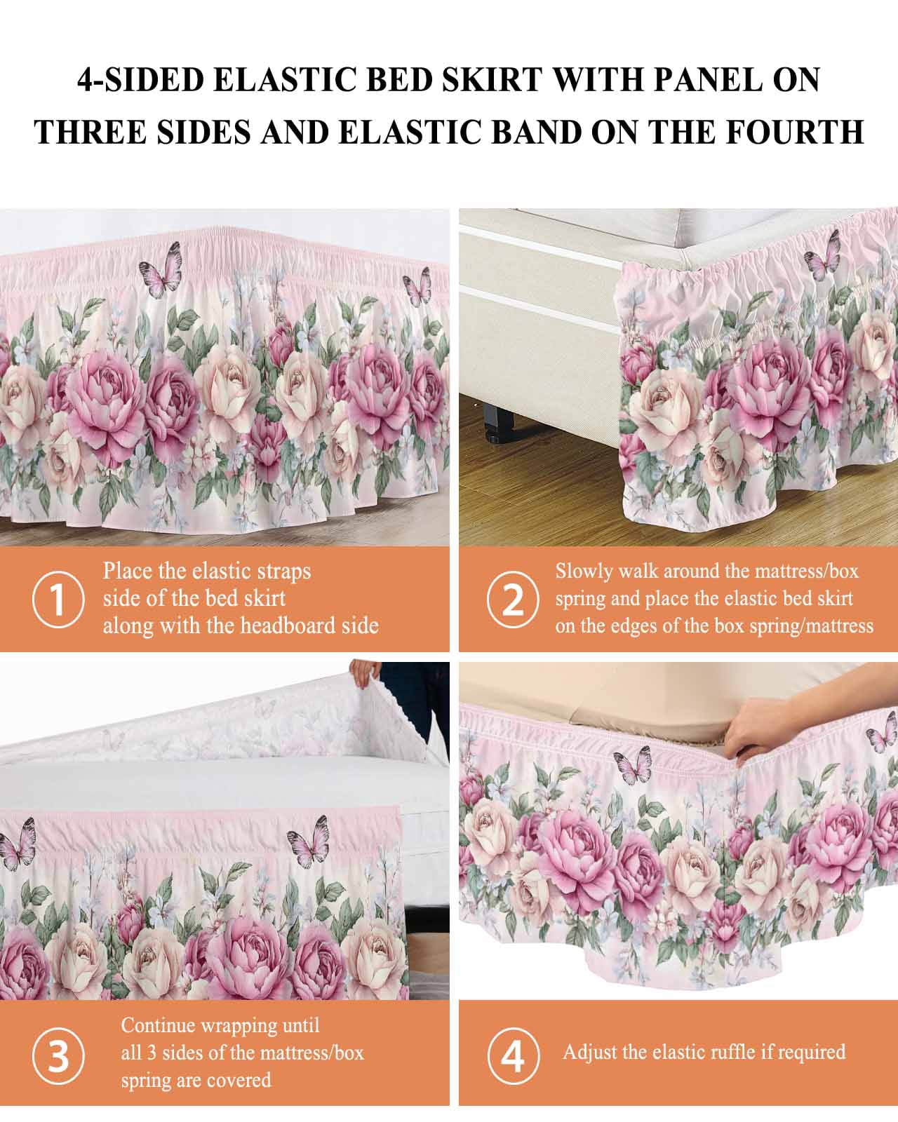 Watercolor Pink Floral Wrap Around Bed Skirts for Queen Bed 18" Drop,Bed Skirt with Adjustable Elastic Belt Dust Ruffle Bed Valance for Bedroom Hotel Spring Romantic Roses Butterfly Bed Frame Cover