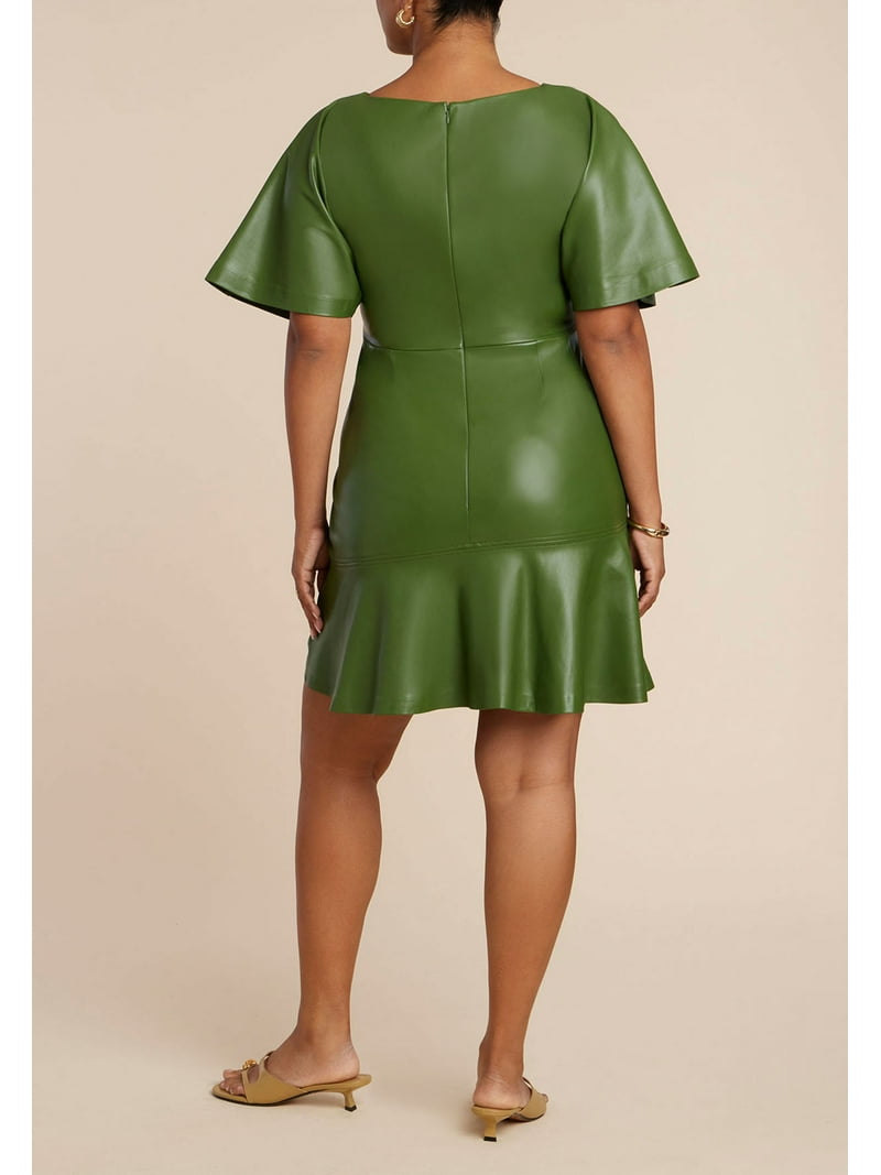 ELOQUII Women's Plus Size Drapey Faux Leather Mini Dress - Bronze Green