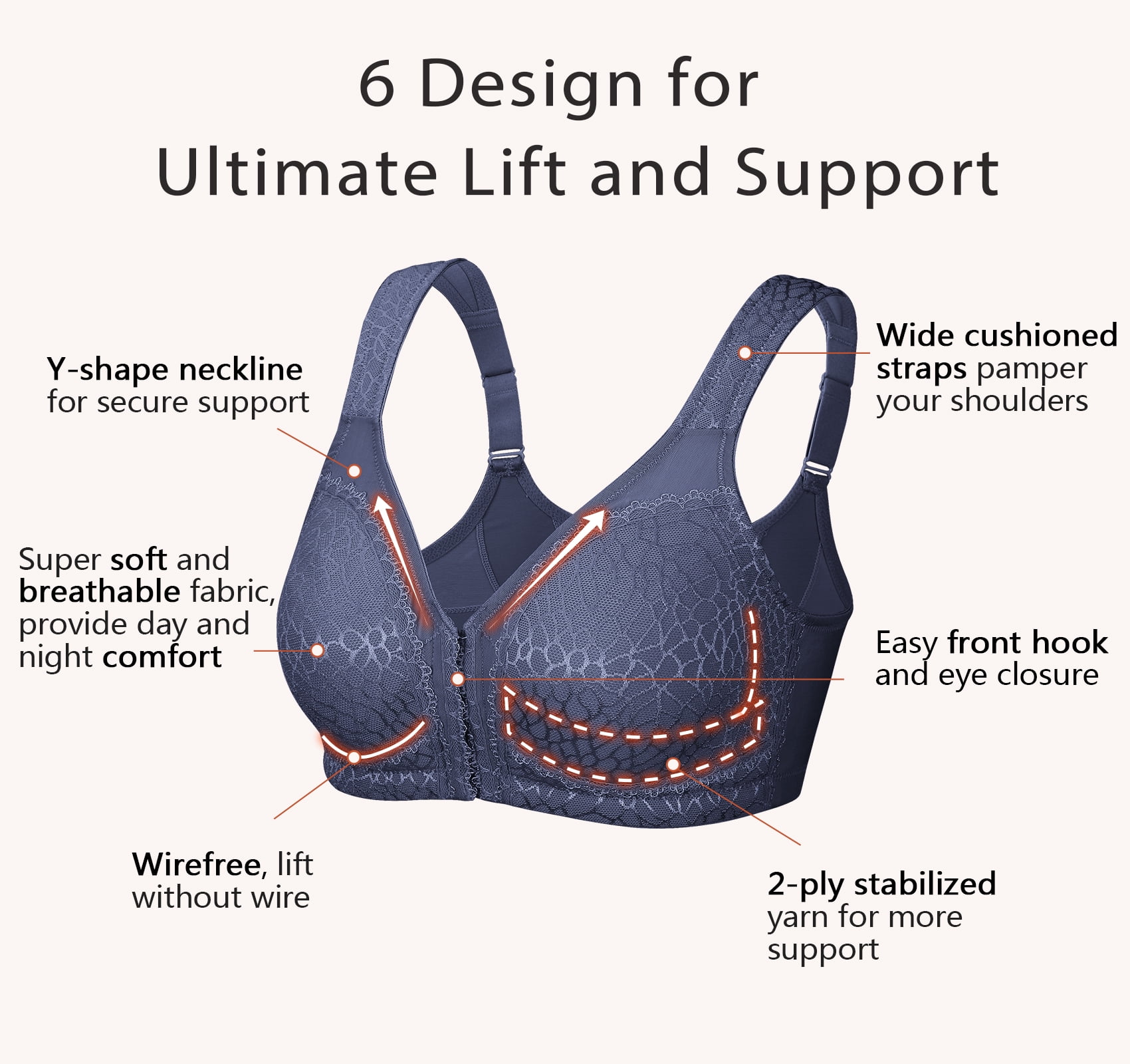 Exerin Women's Front Closure Full Coverage Wirefree Posture Back Plus Size Bra(44D,Blue)