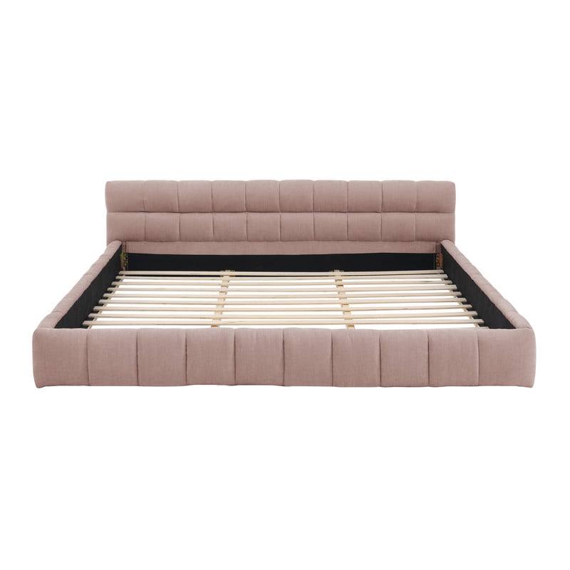 King Size Upholstered Platform Bed with Thick Fabric, Chenille Fabric Grounded Bed Floor Bed with Headboard and Solid Frame, No Box Spring Needed