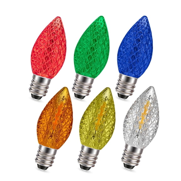 Ruiandsion, C7, LED Christmas Bulbs, Multicolor, E12 Candle Base, 0.6W, 80LM, Waterproof, Shatterproof, Indoor Outdoor, Holiday Decor, 6-Pack