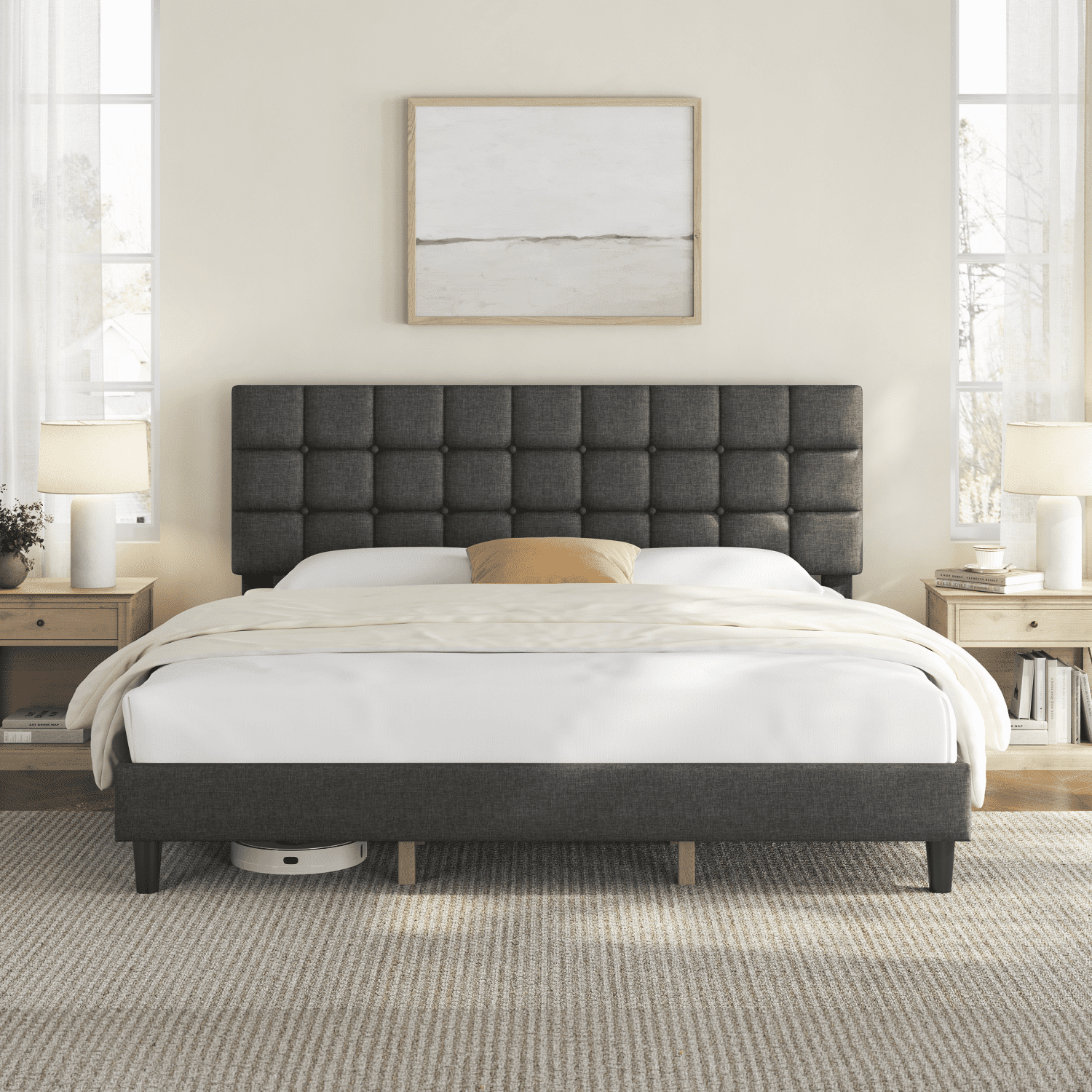 Renwick King Platform Bed Frame with Square Tufted Headboard, Dark Gray