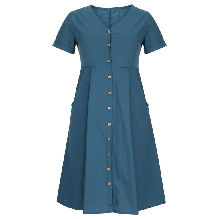 Bigersell 1920s Dresses for Women Fashion Women Summer Casual V-Neck Solid  Short Sleeve Button Pocket Cotton Linen Dress mal Dresses Teens Women's  Plus Ball Gown Dresses, Style 20413, Sky Blue M -