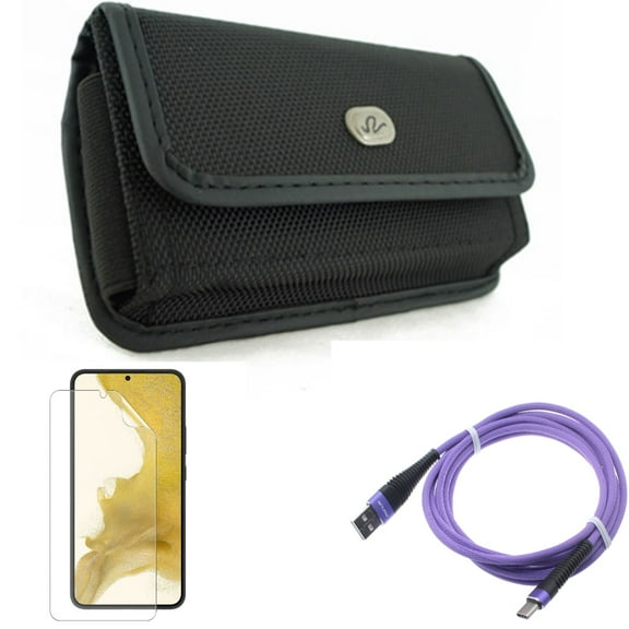10ft USB Cable & Matte Screen Protector & Case Belt Clip for Samsung Galaxy S22 (6.1") - Purple Type-C & TPU Film Anti-Glare & Rugged Holster Accessory Bundle