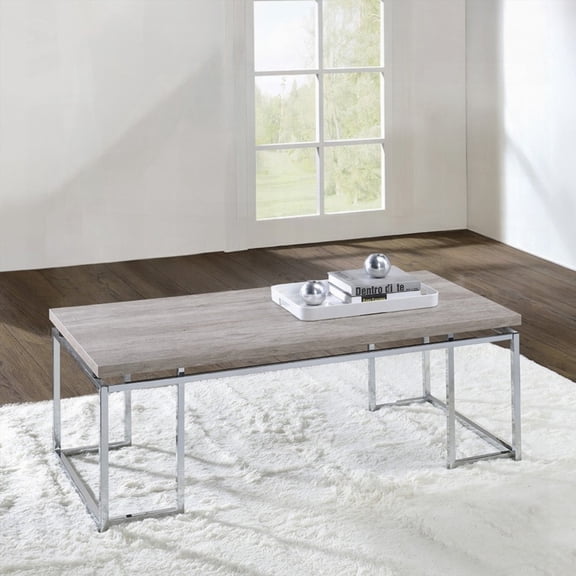 Modern Natural Oak Coffee Table with Chrome Finish Frame for Living Room (1pc Center-Table)