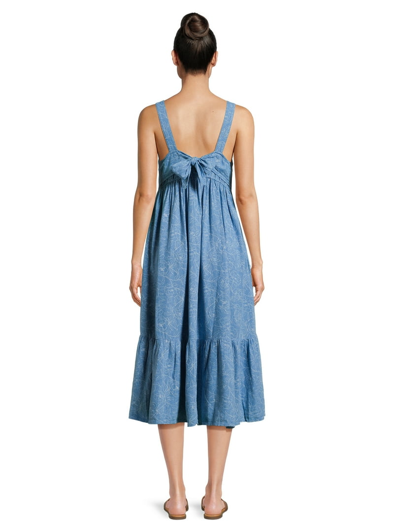 Time and Tru Tie Back Midi Printed Linen Rayon Dress (Women's) - Walmart.com