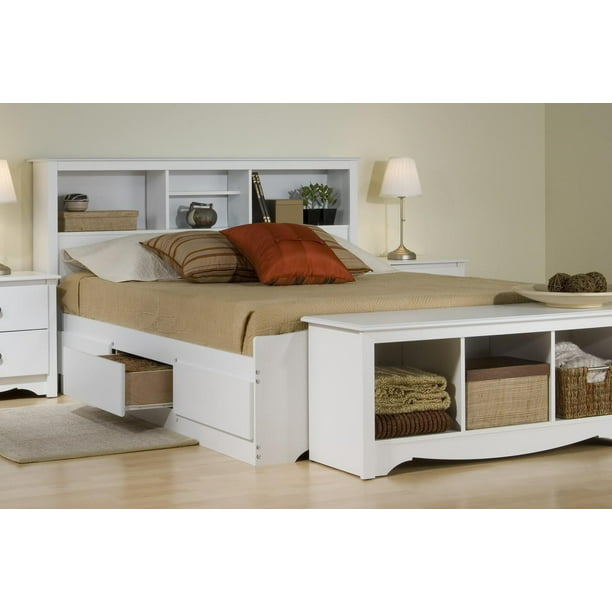 Platform Storage Bed W Bookcase, White Full Storage Bed With Bookcase Headboard