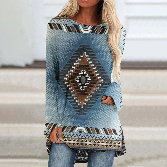 Puntoco Mujeres Casual Manga Larga Cuello Redondo tops Blusa Suelta Folk-Custom Impreso Camisas Puntoco Puntoco-7439