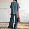 thumbnail image 5 of Women's 2 Piece Cotton Linen Set, V-Neck Short Sleeve Button Top & Drawstring Wide Leg Pants, Casual Summer Loungewear Outfit with Pockets, Loose Fit,Blue,XL, 5 of 5